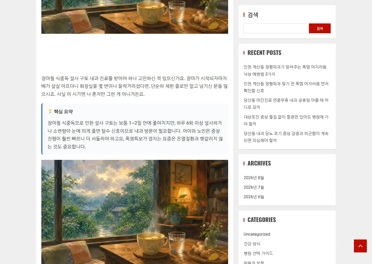 닥터위키의 장마철 식중독 예방 설명과 핵심 요약을 보여 주는 본문 화면입니다.